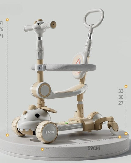 Trotineta Multifunctionala 1, Pentru Copii De La 10 Luni Pana La 12 Ani, Cu Maner De Impingere, Reglabil 360, Pliere Usoara, Reglarea Inaltimii, Model Dinozaur