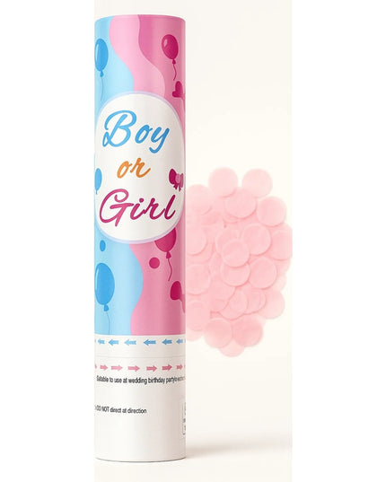 Tun Confetti, Model Gender Reveal, Boy or Girl, 40 cm, Ambalaj din Carton, Eliberare prin Rasucire