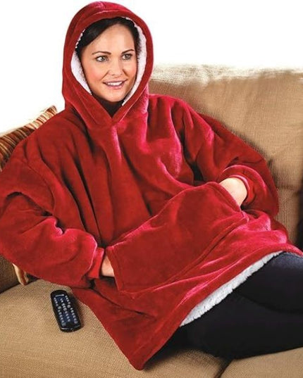 Patura cu Maneci, Gluga si Buzunar Frontal, Captusita, Plusata, Usoara si Calduroasa, Poliester, Marime Universala, Rosie