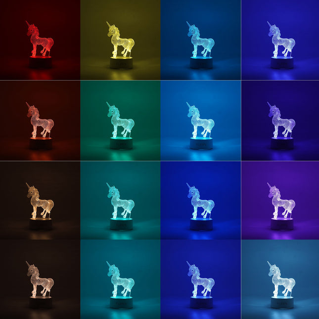 Lampa LED decorativa, 3D, Unicorn, cu USB si baterii, inaltime, din material acril, lumina multicolora si telecomanda inclusa