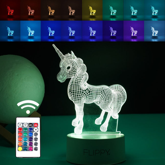 Lampa LED decorativa, 3D, Unicorn, cu USB si baterii, inaltime, din material acril, lumina multicolora si telecomanda inclusa