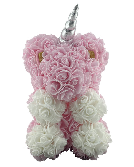 Unicorn din Flori, Unicorn din Trandafiri de Spuma, Unicornul 17 x 17 x 23 cm / Cutia Trasparenta 19 x 19 x 28 cm, /