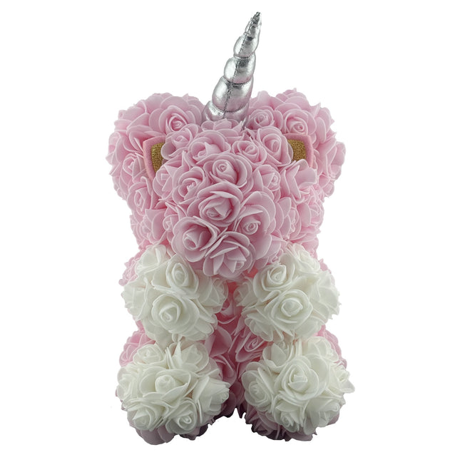 Unicorn din Flori, Unicorn din Trandafiri de Spuma, Unicornul 17 x 17 x 23 cm / Cutia Trasparenta 19 x 19 x 28 cm, /
