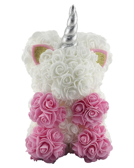 Unicorn din Flori, Unicorn din Trandafiri de Spuma, Unicornul 17 x 17 x 23 cm / Cutia Trasparenta 19 x 19 x 28 cm, /