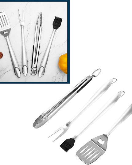 4 ustensile pentru gratar din otel inoxidabil, cu agatatoare, rezistente la temperaturi ridicate