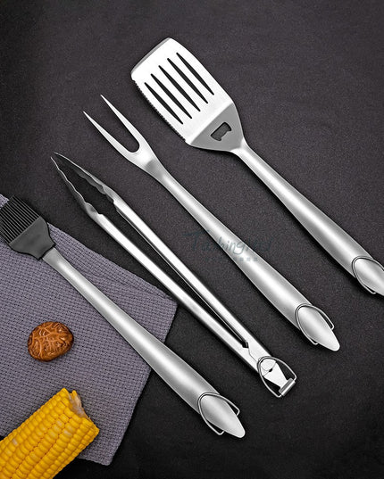 4 ustensile pentru gratar din otel inoxidabil, cu agatatoare, rezistente la temperaturi ridicate
