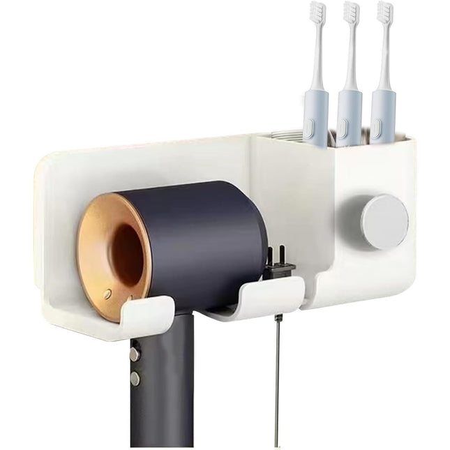 Suport de Baie, pentru Uscator de Par, cu Organizator Dublu, din Plastic, Aplicare cu Suport Adeziv