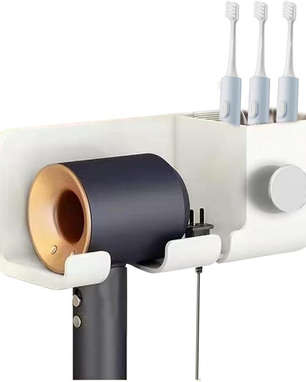 Suport de Baie, pentru Uscator de Par, cu Organizator Dublu, din Plastic, Aplicare cu Suport Adeziv