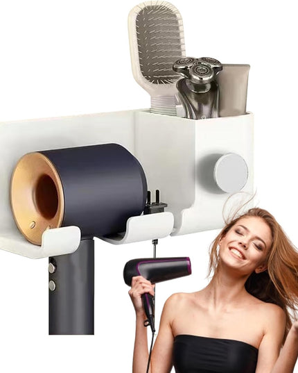 Suport de Baie, pentru Uscator de Par, cu Organizator Dublu, din Plastic, Aplicare cu Suport Adeziv
