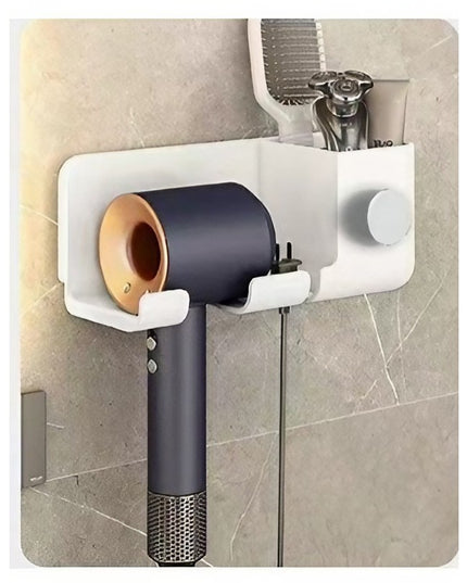 Suport de Baie, pentru Uscator de Par, cu Organizator Dublu, din Plastic, Aplicare cu Suport Adeziv