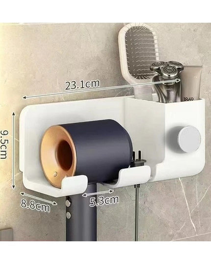 Suport de Baie, pentru Uscator de Par, cu Organizator Dublu, din Plastic, Aplicare cu Suport Adeziv