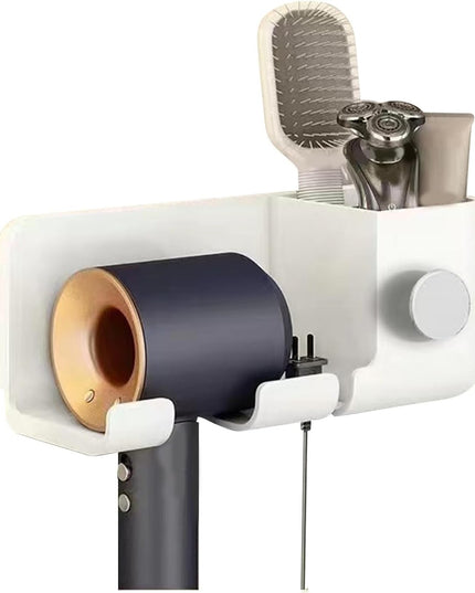 Suport de Baie, pentru Uscator de Par, cu Organizator Dublu, din Plastic, Aplicare cu Suport Adeziv