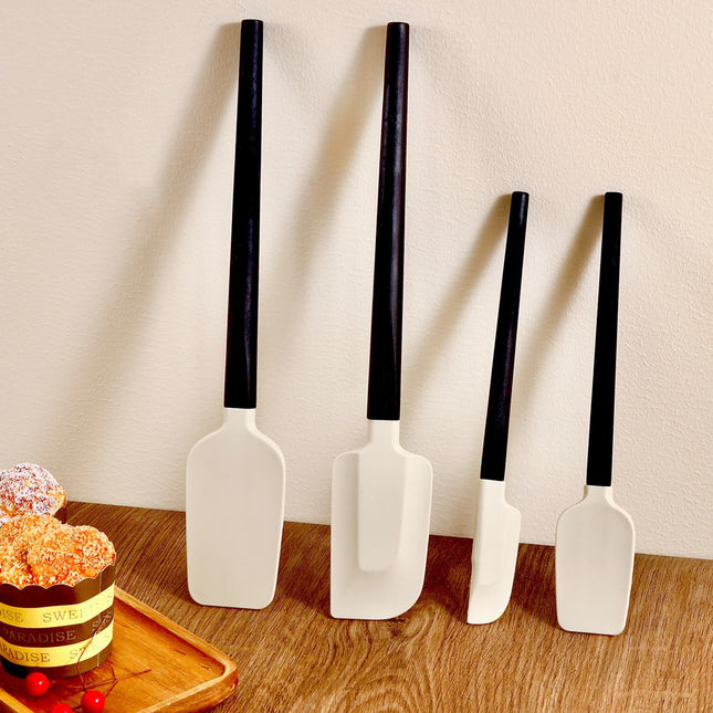 Ustensile de Bucatarie, din 4 bucati, din Silicon si Lemn, Spatule de Diferite Dimensiuni, Termo rezistente, Antiaderente, Instrument de Amestecat in Bucatarie