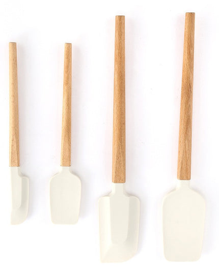 Ustensile de Bucatarie, din 4 bucati, din Silicon si Lemn, Spatule de Diferite Dimensiuni, Termo rezistente, Antiaderente, Instrument de Amestecat in Bucatarie