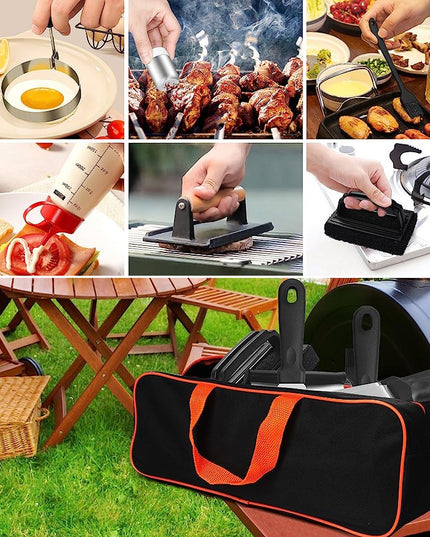 Ustensile pentru Gratar, din 17 Ustensile pentru Gratar cu Preparare de tip Plita, Ustensile din Otel Inoxidabil cu Manere din Plastic PP, cu Geanta