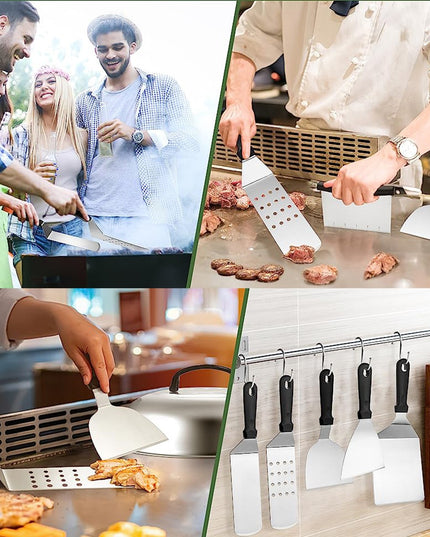 Ustensile pentru Gratar, din 17 Ustensile pentru Gratar cu Preparare de tip Plita, Ustensile din Otel Inoxidabil cu Manere din Plastic PP, cu Geanta