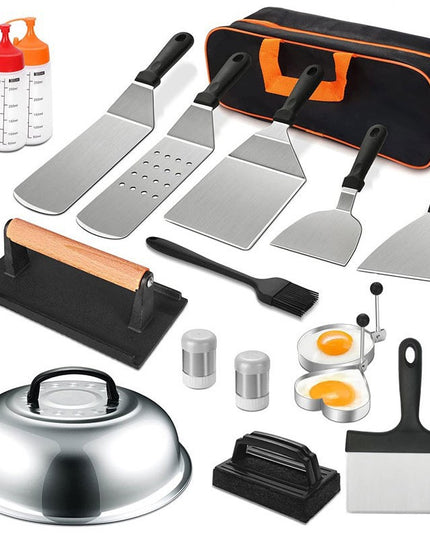 Ustensile pentru Gratar, din 17 Ustensile pentru Gratar cu Preparare de tip Plita, Ustensile din Otel Inoxidabil cu Manere din Plastic PP, cu Geanta