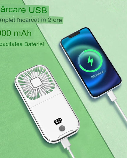 Ventilator Portabil 1, de Mana, de Gat, de Birou,3 Trepte de Viteza, Incarcare USB, Pliabil, Afisaj Digital, Suport Telefon