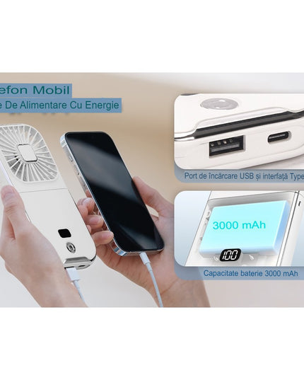 Ventilator Portabil 1, de Mana, de Gat, de Birou,3 Trepte de Viteza, Incarcare USB, Pliabil, Afisaj Digital, Suport Telefon