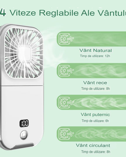 Ventilator Portabil 1, de Mana, de Gat, de Birou,3 Trepte de Viteza, Incarcare USB, Pliabil, Afisaj Digital, Suport Telefon