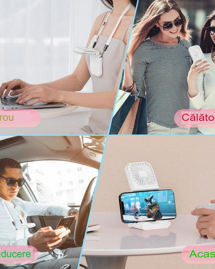 Ventilator Portabil 1, de Mana, de Gat, de Birou,3 Trepte de Viteza, Incarcare USB, Pliabil, Afisaj Digital, Suport Telefon