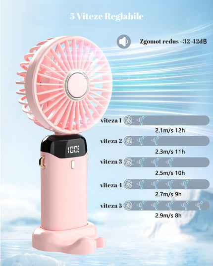 Ventilator Ultra Portabil cu Aromaterapie, 1, de Mana, de Birou, de Gat, 5 Trepte de Viteza, Incarcare USB, Autonomie 12h, Pliabil, cu Ecran LCD
