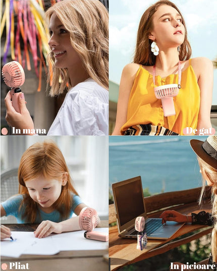 Ventilator Ultra Portabil cu Aromaterapie, 1, de Mana, de Birou, de Gat, 5 Trepte de Viteza, Incarcare USB, Autonomie 12h, Pliabil, cu Ecran LCD