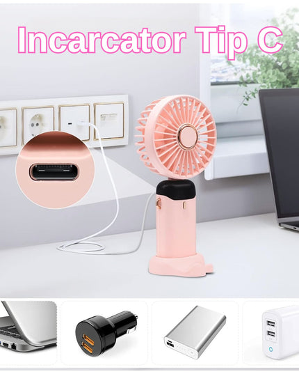 Ventilator Ultra Portabil cu Aromaterapie, 1, de Mana, de Birou, de Gat, 5 Trepte de Viteza, Incarcare USB, Autonomie 12h, Pliabil, cu Ecran LCD
