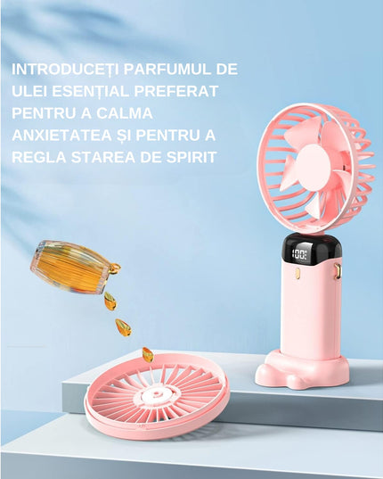 Ventilator Ultra Portabil cu Aromaterapie, 1, de Mana, de Birou, de Gat, 5 Trepte de Viteza, Incarcare USB, Autonomie 12h, Pliabil, cu Ecran LCD