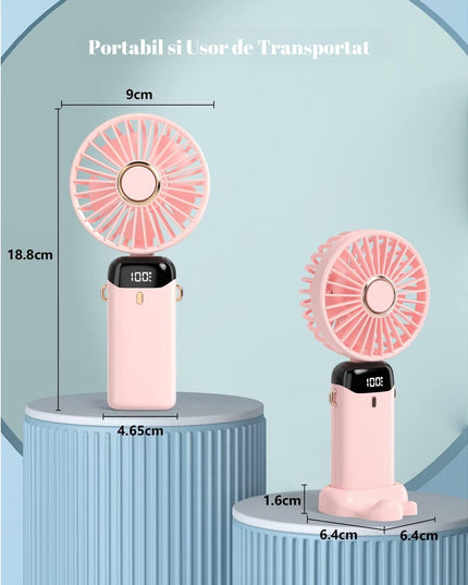 Ventilator Ultra Portabil cu Aromaterapie, 1, de Mana, de Birou, de Gat, 5 Trepte de Viteza, Incarcare USB, Autonomie 12h, Pliabil, cu Ecran LCD