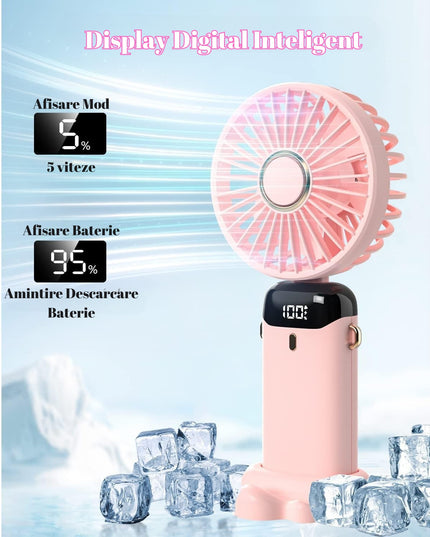 Ventilator Ultra Portabil cu Aromaterapie, 1, de Mana, de Birou, de Gat, 5 Trepte de Viteza, Incarcare USB, Autonomie 12h, Pliabil, cu Ecran LCD