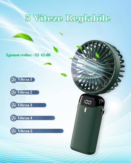 Ventilator Ultra Portabil cu Aromaterapie, 1, de Mana, de Birou, de Gat, 5 Trepte de Viteza, Incarcare USB, Autonomie 12h, Pliabil, cu Ecran LCD