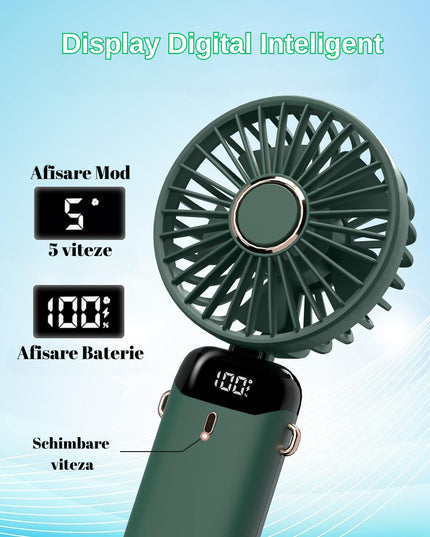 Ventilator Ultra Portabil cu Aromaterapie, 1, de Mana, de Birou, de Gat, 5 Trepte de Viteza, Incarcare USB, Autonomie 12h, Pliabil, cu Ecran LCD