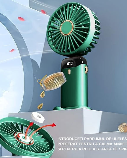 Ventilator Ultra Portabil cu Aromaterapie, 1, de Mana, de Birou, de Gat, 5 Trepte de Viteza, Incarcare USB, Autonomie 12h, Pliabil, cu Ecran LCD