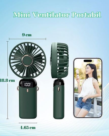 Ventilator Ultra Portabil cu Aromaterapie, 1, de Mana, de Birou, de Gat, 5 Trepte de Viteza, Incarcare USB, Autonomie 12h, Pliabil, cu Ecran LCD