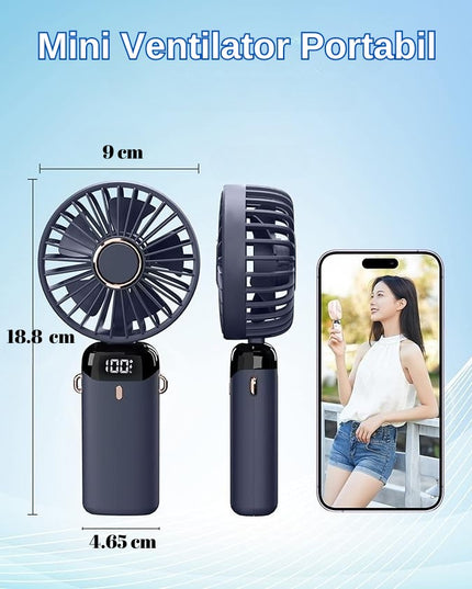 Ventilator Ultra Portabil cu Aromaterapie, 1, de Mana, de Birou, de Gat, 5 Trepte de Viteza, Incarcare USB, Autonomie 12h, Pliabil, cu Ecran LCD