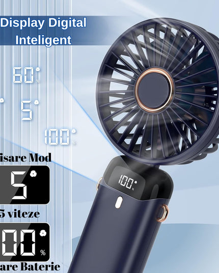 Ventilator Ultra Portabil cu Aromaterapie, 1, de Mana, de Birou, de Gat, 5 Trepte de Viteza, Incarcare USB, Autonomie 12h, Pliabil, cu Ecran LCD