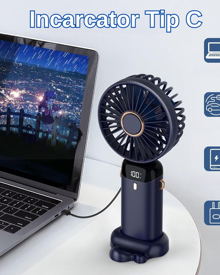 Ventilator Ultra Portabil cu Aromaterapie, 1, de Mana, de Birou, de Gat, 5 Trepte de Viteza, Incarcare USB, Autonomie 12h, Pliabil, cu Ecran LCD