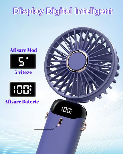 Ventilator Ultra Portabil cu Aromaterapie, 1, de Mana, de Birou, de Gat, 5 Trepte de Viteza, Incarcare USB, Autonomie 12h, Pliabil, cu Ecran LCD