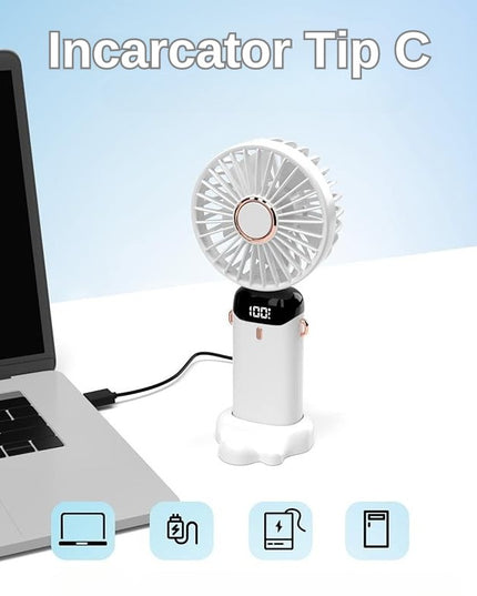Ventilator Ultra Portabil cu Aromaterapie, 1, de Mana, de Birou, de Gat, 5 Trepte de Viteza, Incarcare USB, Autonomie 12h, Pliabil, cu Ecran LCD
