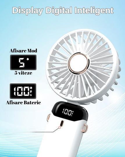 Ventilator Ultra Portabil cu Aromaterapie, 1, de Mana, de Birou, de Gat, 5 Trepte de Viteza, Incarcare USB, Autonomie 12h, Pliabil, cu Ecran LCD