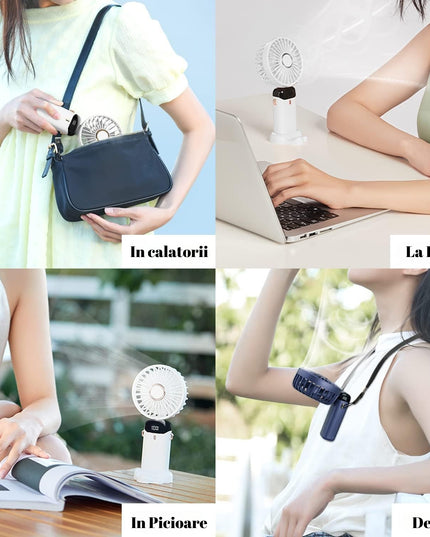 Ventilator Ultra Portabil cu Aromaterapie, 1, de Mana, de Birou, de Gat, 5 Trepte de Viteza, Incarcare USB, Autonomie 12h, Pliabil, cu Ecran LCD