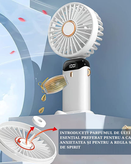 Ventilator Ultra Portabil cu Aromaterapie, 1, de Mana, de Birou, de Gat, 5 Trepte de Viteza, Incarcare USB, Autonomie 12h, Pliabil, cu Ecran LCD