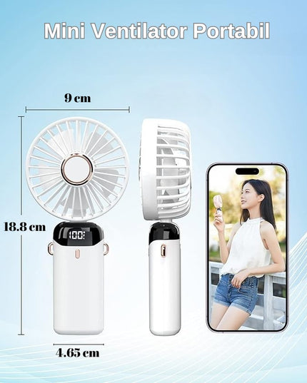 Ventilator Ultra Portabil cu Aromaterapie, 1, de Mana, de Birou, de Gat, 5 Trepte de Viteza, Incarcare USB, Autonomie 12h, Pliabil, cu Ecran LCD