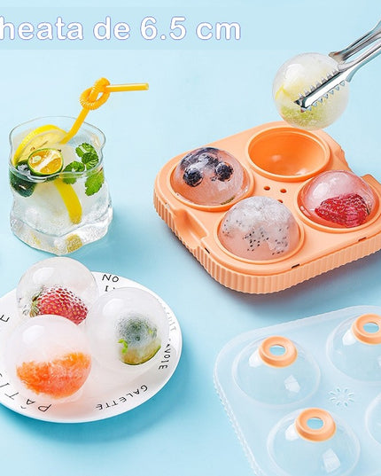 Forma Sfere de Gheata pentru Wiskey si Cocktail-uri 4 Sfere, Material Plastic/Silicon Alimentar, Diametru , cu Orificiu Tip Palnie pentru Umplere