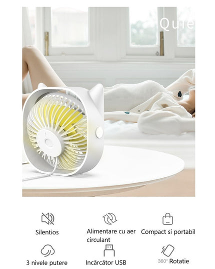 Mini ventilator pentru birou cu usb, rotire 360 grade, 3 viteze