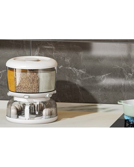 Dozator etajat de cereale rotativ 360, 6 compartimente, capacitate 10L, cofrag special pentru oua, vas pentru scurgerea cerealelor