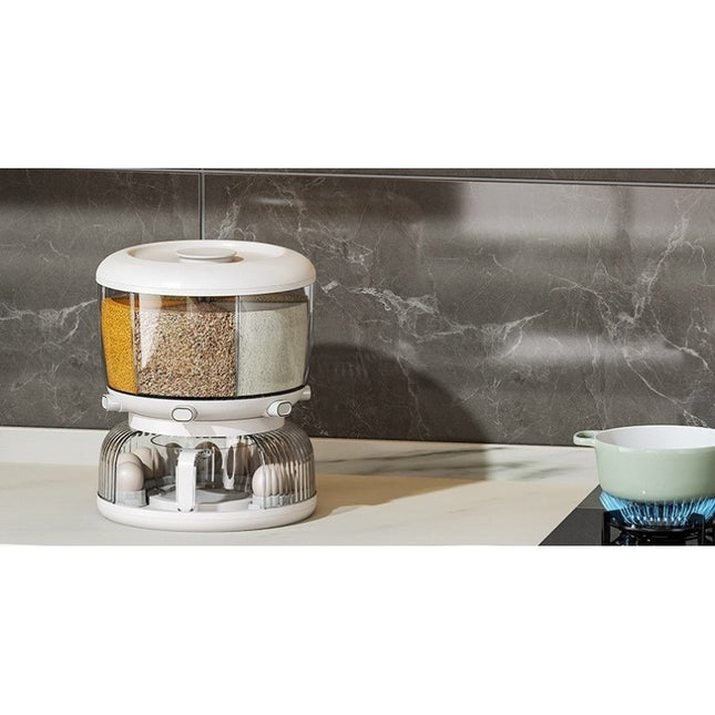 Dozator etajat de cereale rotativ 360, 6 compartimente, capacitate 10L, cofrag special pentru oua, vas pentru scurgerea cerealelor