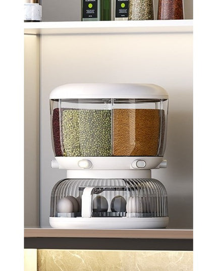 Dozator etajat de cereale rotativ 360, 6 compartimente, capacitate 10L, cofrag special pentru oua, vas pentru scurgerea cerealelor