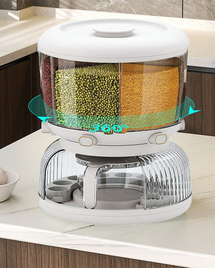 Dozator etajat de cereale rotativ 360, 6 compartimente, capacitate 10L, cofrag special pentru oua, vas pentru scurgerea cerealelor